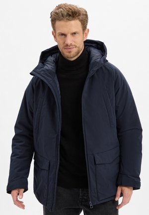 Navyblaue, kapuzenbehangene Daunenjacke mit Reißverschluss, zwei Fronttaschen und strukturierten Bündchen, gefertigt aus glattem, wasserabweisendem Material.