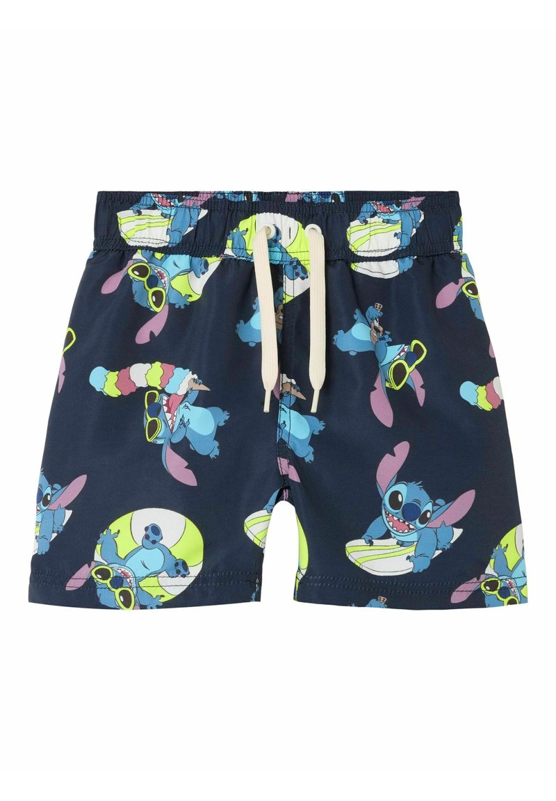 Shorts de bain pour garçons en bleu marine avec une taille élastique et un cordon de serrage, ornés d'un motif coloré de personnages de dessin animé et d'accessoires.