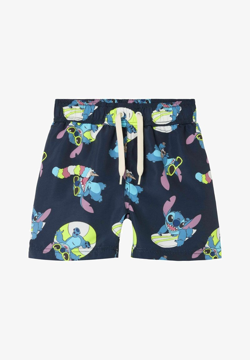 Shorts de bain pour garçons en bleu marine avec une taille élastique et un cordon de serrage, ornés d'un motif coloré de personnages de dessin animé et d'accessoires.