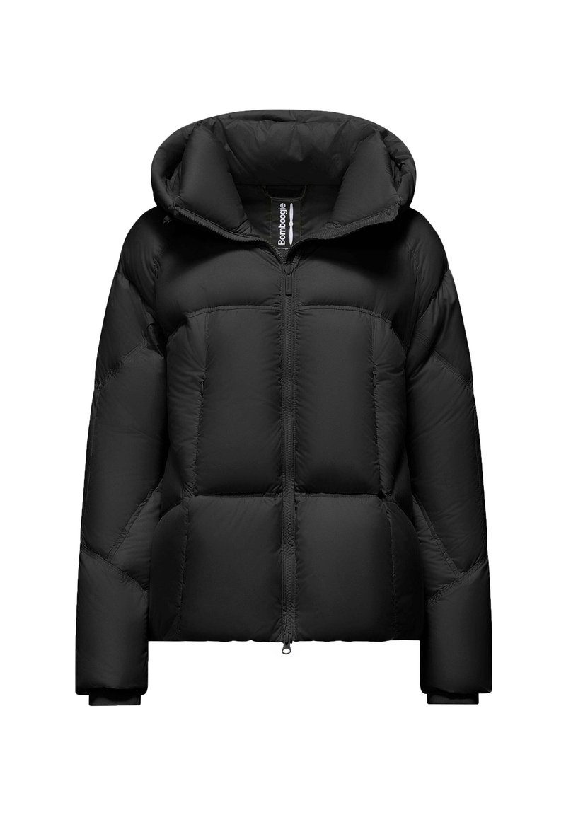 Giacca a vento nera con grande cappuccio, design trapuntato, zip frontale e polsini elasticizzati. Materiale liscio e leggero con una silhouette moderna.