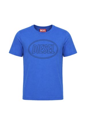 Maglietta blu a maniche corte con scollo tondo e logo "DIESEL" stampato in ovale sul petto.