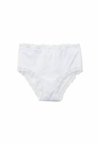 Białe bawełniane majtki typu bikini z koronkowym wykończeniem. Posiadają falbaniasty brzeg, miękką teksturę i klasyczny wysoki stan. Prosty i funkcjonalny styl.