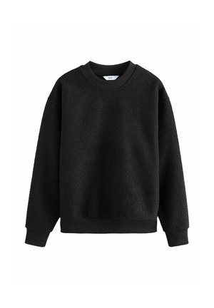 Schwarzer Fleecepullover mit langen Ärmeln, gerippten Bündchen, Saum und Rundhalsausschnitt, auf weißem Hintergrund dargestellt.