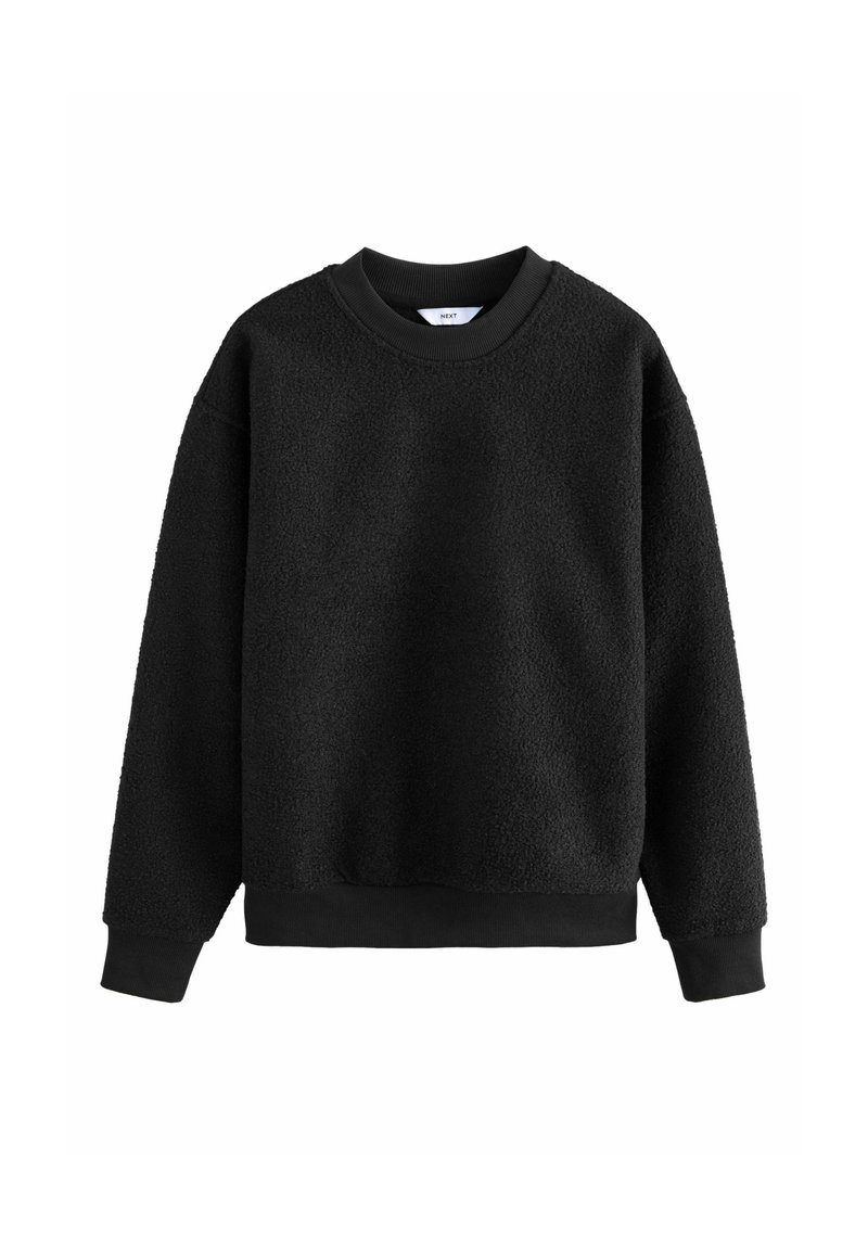 Sweat-shirt polaire noir à manches longues avec poignets, ourlet et col rond côtelés, présenté sur fond blanc.