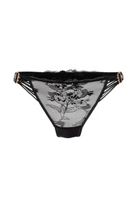 String en dentelle noire avec broderie florale, bretelles latérales réglables et une taille lisse. Tulle délicat avec des détails translucides.