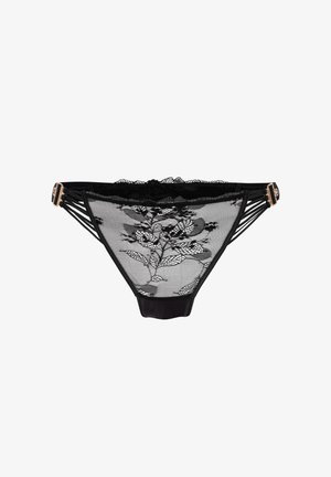 Zwart kanten string met bloemachtige borduursels, verstelbare zijkanten en een soepele tailleband. Fijne mesh met doorschijnende details.