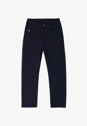 Vaqueros de mezclilla azul oscuro con un corte recto, diseño de cinco bolsillos, cierre frontal de botón y sutiles detalles de costura. Textura suave.