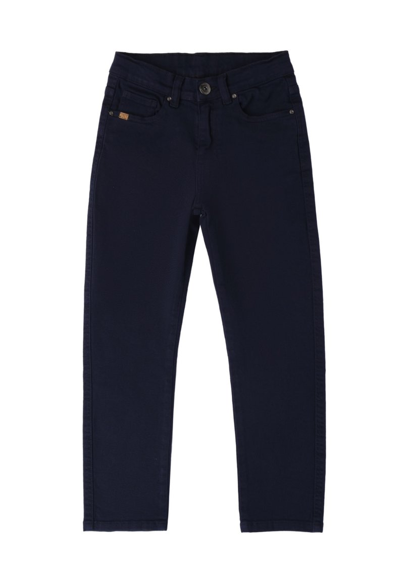 Vaqueros de mezclilla azul oscuro con un corte recto, diseño de cinco bolsillos, cierre frontal de botón y sutiles detalles de costura. Textura suave.