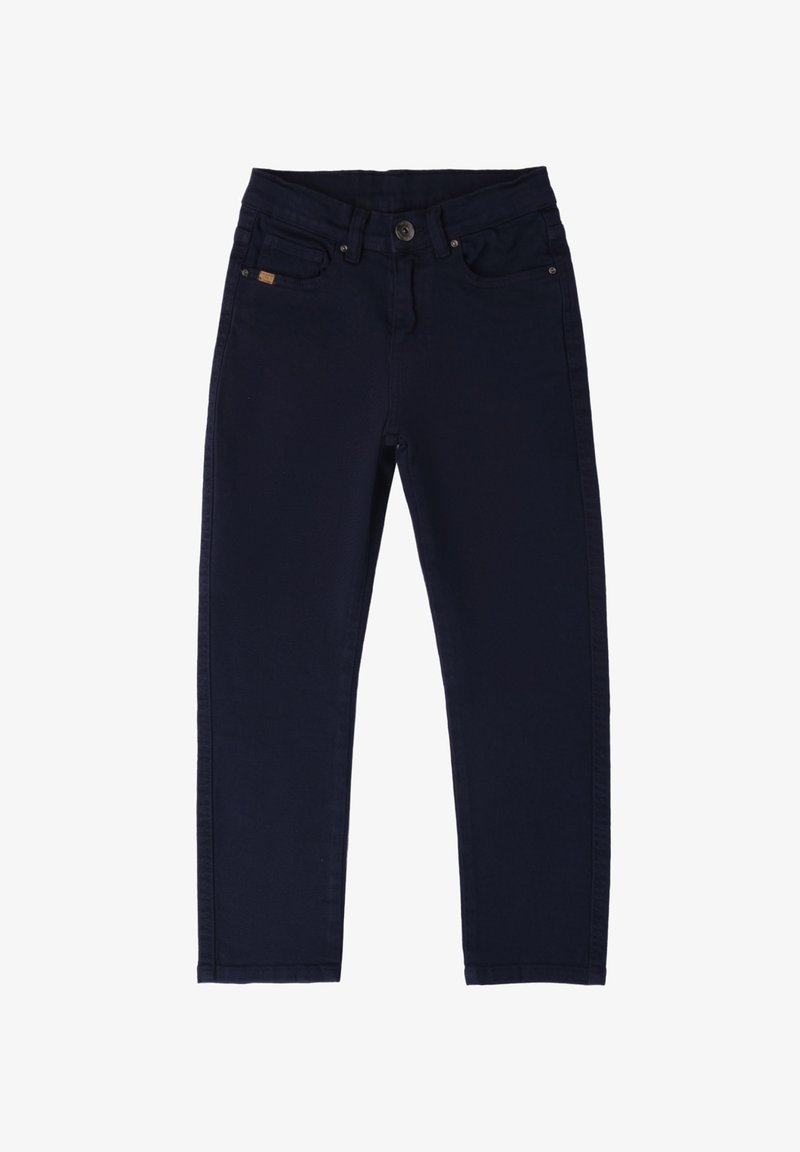 Vaqueros de mezclilla azul oscuro con un corte recto, diseño de cinco bolsillos, cierre frontal de botón y sutiles detalles de costura. Textura suave.