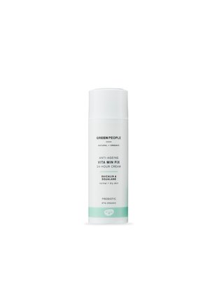 White cylindrical bottle with a mint green base. Label includes "Green People," "Anti-Ageing Vita Min Fix," and ingredient details.