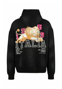 Schwarzer Kapuzenpullover mit einem Löwen-Design, fetter Aufschrift "ITALIA" und dem Jahr "1969." Mit Spritzdetails und gerippten Bündchen für Textur.
