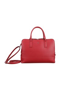 Sac à main en cuir rouge avec poignées doubles, bandoulière ajustable, fermeture zippée et texture lisse. Comprend des panneaux latéraux et un marquage discret.