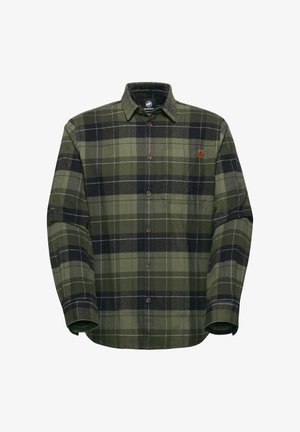 Zielono-czarna koszula flanelowa w kratę z zapięciem na guziki, kieszenią na piersi i tkanym logo po lewej stronie, wykonana z miękkiego materiału.