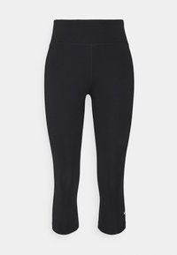 Sorte højtaljede cropped leggings med et lille hvidt logo nær bunden af det ene ben, præsenteret imod en ensfarvet hvid baggrund.