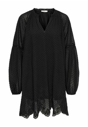 Črna prosojna bluza z dolgimi rokavi, pikčastim vzorcem, nabranim izrezom na vratu, ključavnico in detajlom cvetlične čipke na spodnjem robu.