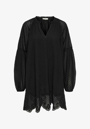 Blusa negra transparente de manga larga con textura de puntos, escote fruncido, abertura en forma de gota y detalle de borde de encaje floral.