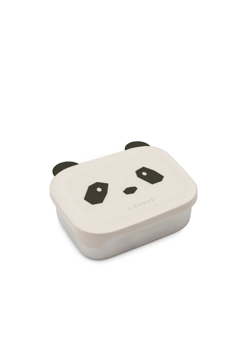 Lunch box a tema panda con coperchio in silicone bianco decorato con dettagli neri per occhi e orecchie, e base in acciaio inossidabile. Forma rettangolare.
