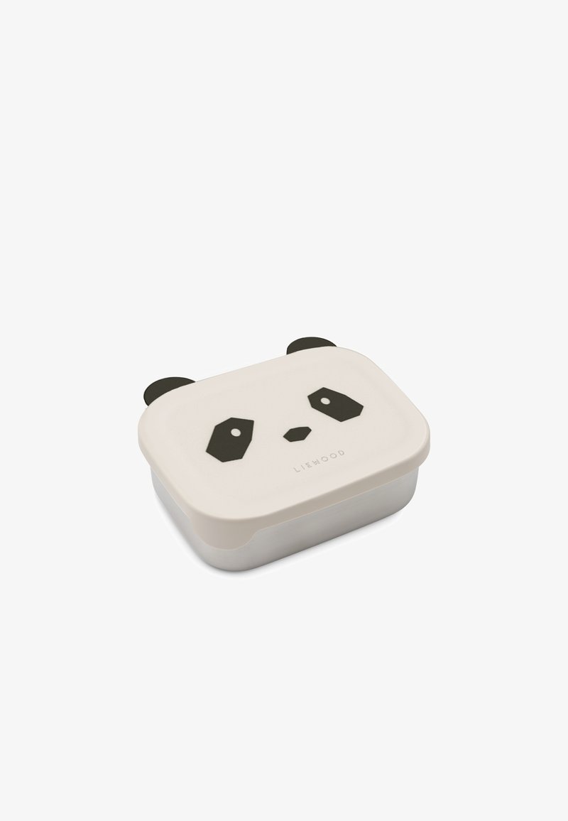 Lunch box a tema panda con coperchio in silicone bianco decorato con dettagli neri per occhi e orecchie, e base in acciaio inossidabile. Forma rettangolare.