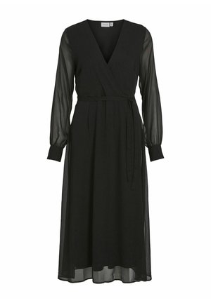 Vestito avvolgente nero con scollatura a V profonda, maniche lunghe trasparenti e cintura da annodare. Silhouette fluida che si estende fino a metà polpaccio. Tessuto leggero.