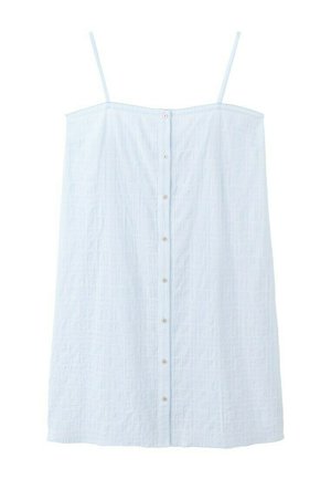 Vestido azul claro sin mangas con tirantes delgados y cierre frontal con botones verticales, hecho de tela texturizada.