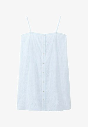 Light blue sleeveless dress with thin straps and vertical button closure down the front, made of textured fabric.