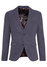 Námořnický blazer s texturovanou tkaninou, s jedním řadou knoflíků, dvěma předními kapsami a podšívkou s květinovým vzorem. Obsahuje dva knoflíky vpředu.