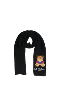 Sciarpa nera in maglia caratterizzata da una texture a coste, con un motivo di un orso ricamato vestito in modo colorato e la scritta "RUE MADAM PARIS".