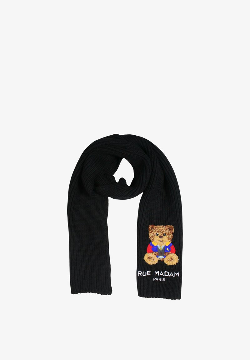 Musta neulehuivi, jossa on ribbitekstuuri, ja jossa on kirjailtu karhudesign värikkäissä vaatteissa sekä teksti "RUE MADAM PARIS".