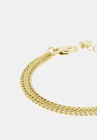 Bracciale in metallo dorato con due fili paralleli, dotato di chiusura a moschettone e catena di estensione per una lunghezza regolabile.