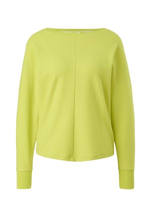 Pull en maille vert citron à manches longues, avec une encolure ronde et des poignets côtelés, présenté sur fond blanc.