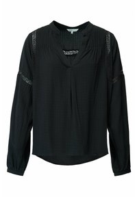 Blusa nera a maniche lunghe con scollo a V, tessuto testurizzato e dettagli in pizzo sulle spalle. Presenta dettagli arricciati e un'orlo curvo.
