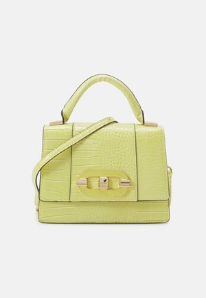 Light green croc-embossed leather handbag with top handle, shoulder strap, and rectangular gold-tone clasp on front flap.