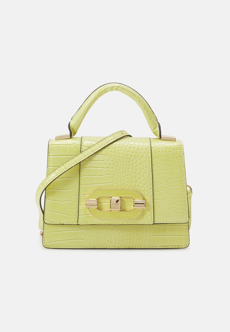 Sac à main en cuir vert clair embossé façon croco, avec poignée supérieure, bandoulière et fermoir rectangulaire doré sur le rabat avant.