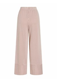 Voľné skrátené nohavice s vertikálnymi červenými a bielymi pruhmi, elastickým pásom a širokými manžetami.