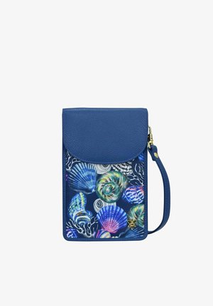 Blue leather phone pouch with a shell pattern in various colors and white coral designs, featuring a top flap and a wrist strap.