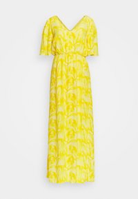 Robe maxi jaune avec des manches courtes volantées, décolleté en V, taille élastique et motif floral. Fabriquée en tissu léger et doux.