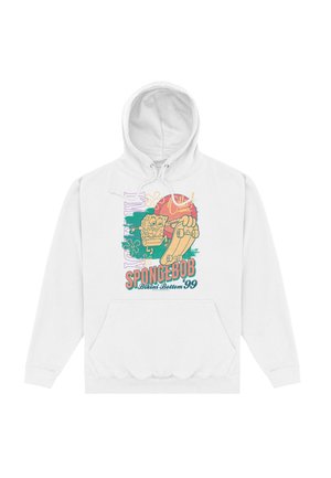 Biała bluza z kapturem z kolorową grafiką SpongeBoba na deskorolce, tekst zawiera "SPONGEBOB Bikini Bottom '99" oraz abstrakcyjne kształty w zielonym i czerwonym.