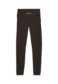 Svarta träningsleggings med bred midjeresår, som har varumärket "HALO" högst upp och en sidficka för förvaring. Slät, stretchig tyg.