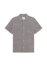 Chemise à manches courtes avec un motif géométrique gris, dotée d'un col, en tissu tissé, et avec cinq boutons sur le devant. L'étiquette indique "LES DEUX."