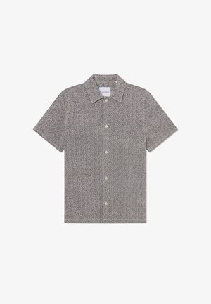 Short-sleeve button-up shirt in a gray geometric pattern, featuring a collar, woven fabric, and five front buttons. Label reads "LES DEUX."