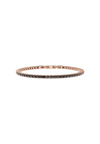 Bracciale in oro rosa con una banda sottile e pietre nere alternate, fissato con una chiusura. Texture liscia e design elegante.