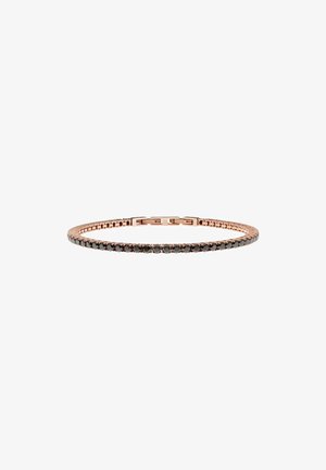 Bracciale in oro rosa con una banda sottile e pietre nere alternate, fissato con una chiusura. Texture liscia e design elegante.