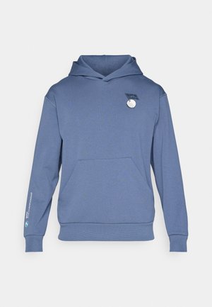 Sweatshirt azul com capuz e bolso frontal, logotipo do Campeonato BMW PGA no peito e na manga.
