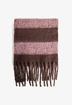Sciarpa di lana piegata con strisce orizzontali rosa e marroni, caratterizzata da lunghe frange marroni a un'estremità, su uno sfondo bianco.