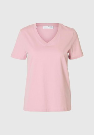 Rosa Baumwoll-T-Shirt mit V-Ausschnitt, kurzen Ärmeln und einer lockeren Passform. Glatte Textur und einfaches Design ohne zusätzliche Muster oder Akzente.