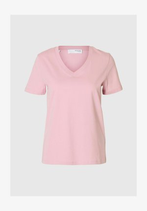 Rosa Baumwoll-T-Shirt mit V-Ausschnitt, kurzen Ärmeln und einer lockeren Passform. Glatte Textur und einfaches Design ohne zusätzliche Muster oder Akzente.