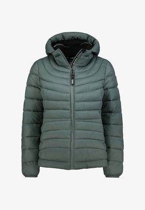 Gevoerde groene jas met capuchon, voorzien van een horizontaal gestikt ontwerp, een voorkant met rits en elastische manchetten. Gelaagd stof met een subtiele glans.