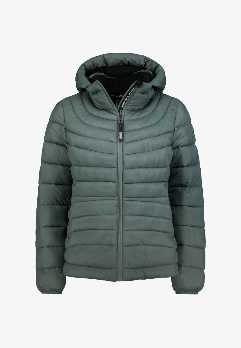 Grüne gepolsterte Jacke mit Kapuze, ausgestattet mit horizontalem Steppmuster, Frontreißverschluss und elastischen Bündchen. Strukturiertes Material mit einem subtilen Glanz.