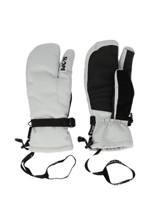 Gray and black insulated mittens with a strap and buckle, featuring a smooth outer material and textured palms for grip.