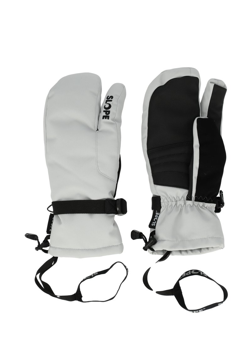 Harmaat ja mustat eristetyt lapaset, joissa on hihna ja solki. Lapasten ulkopinta on sileä ja kämmenet ovat tekstiililtä, mikä tarjoaa hyvän pidon.